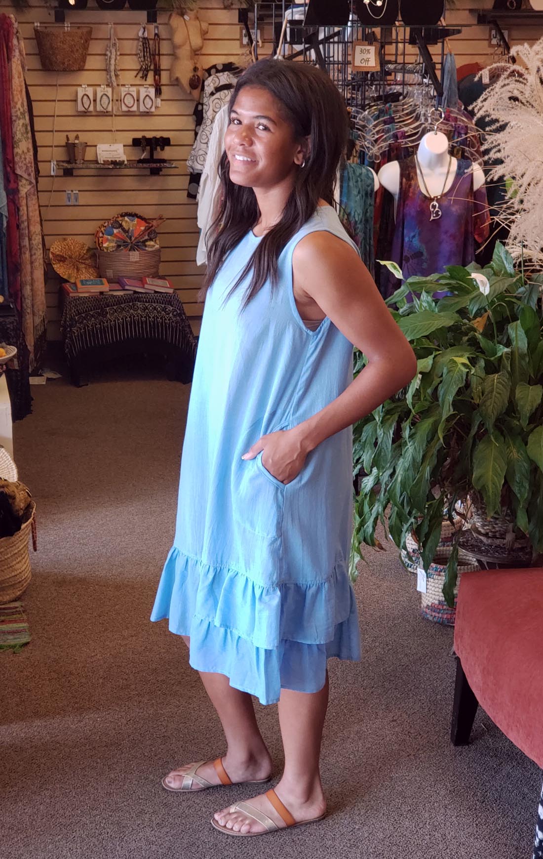 Sleeveless Cotton Midi Dress Pockets - Sky Blue