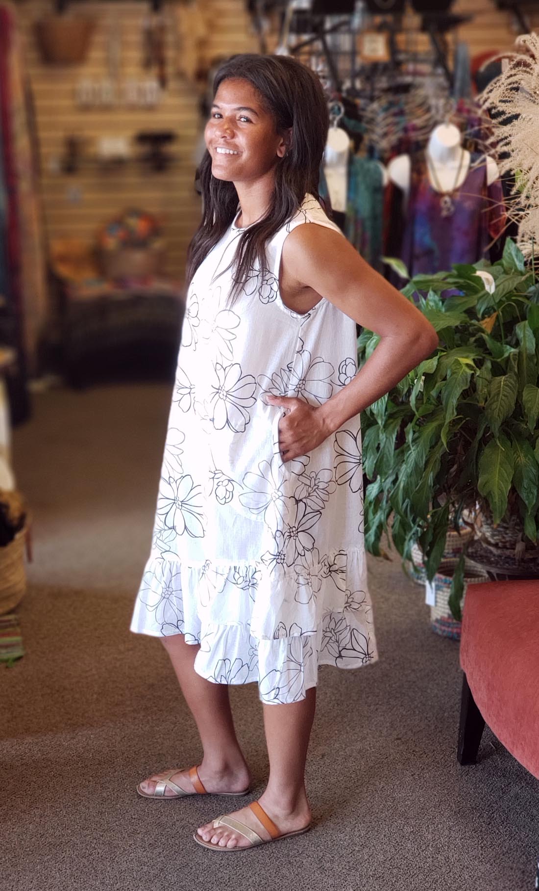 Sleeveless Cotton Midi Dress Pockets - Floral Print Sleeveless Cotton Midi Dress Pockets - Floral Print