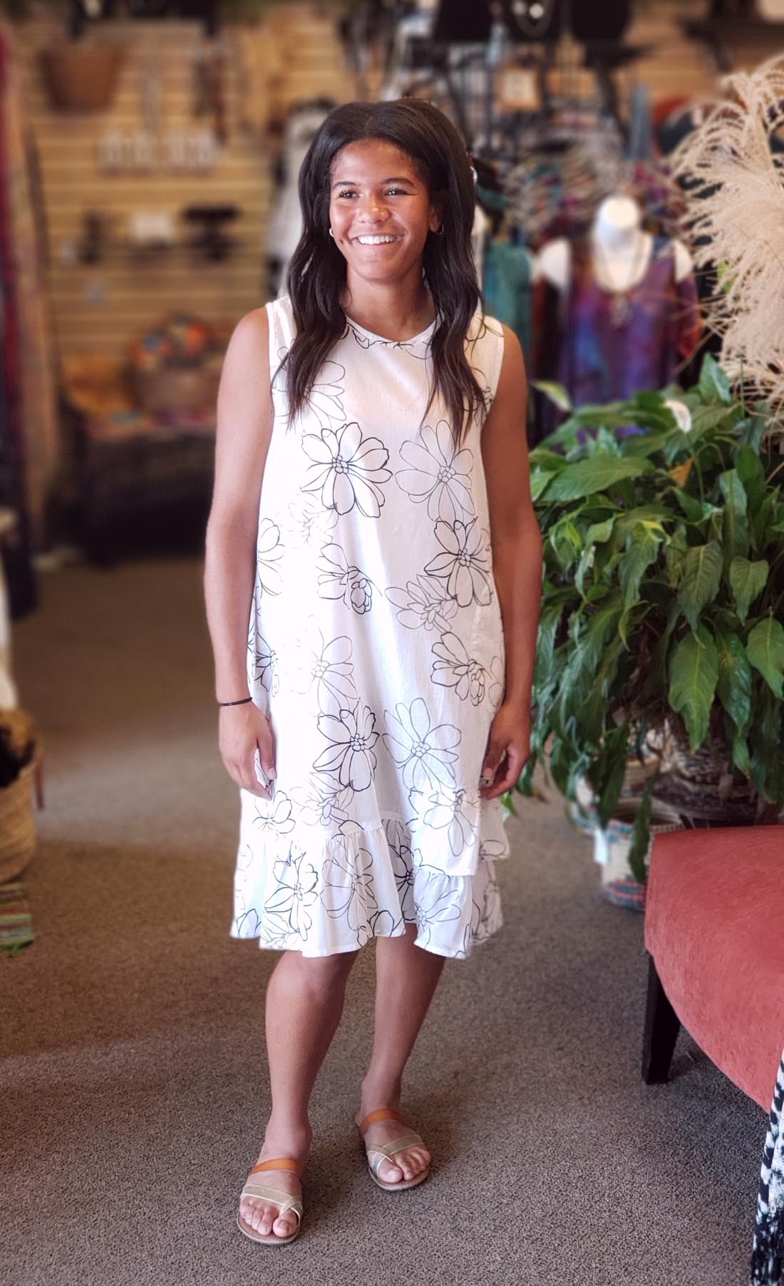 Sleeveless Cotton Midi Dress Pockets - Floral Print