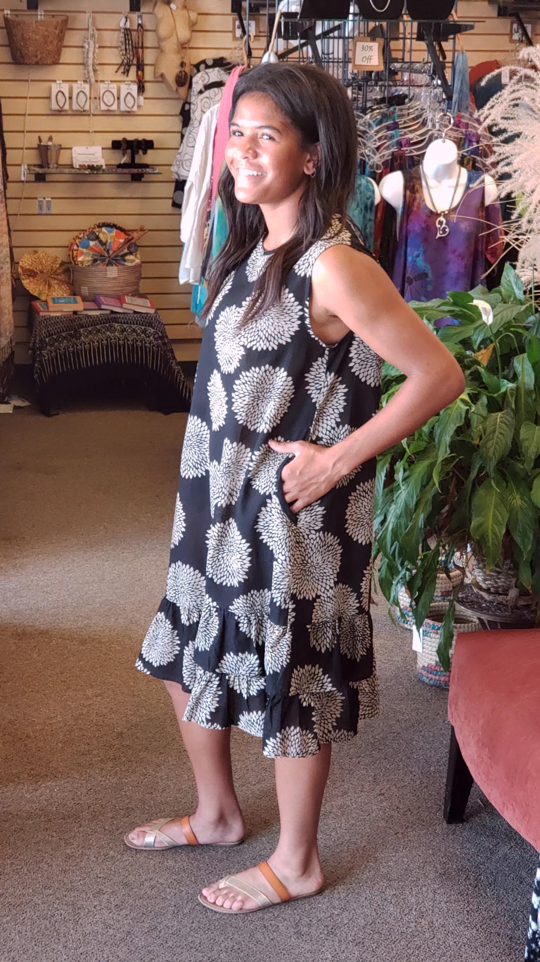 Sleeveless Cotton Midi Dress Pockets - Mum Print
