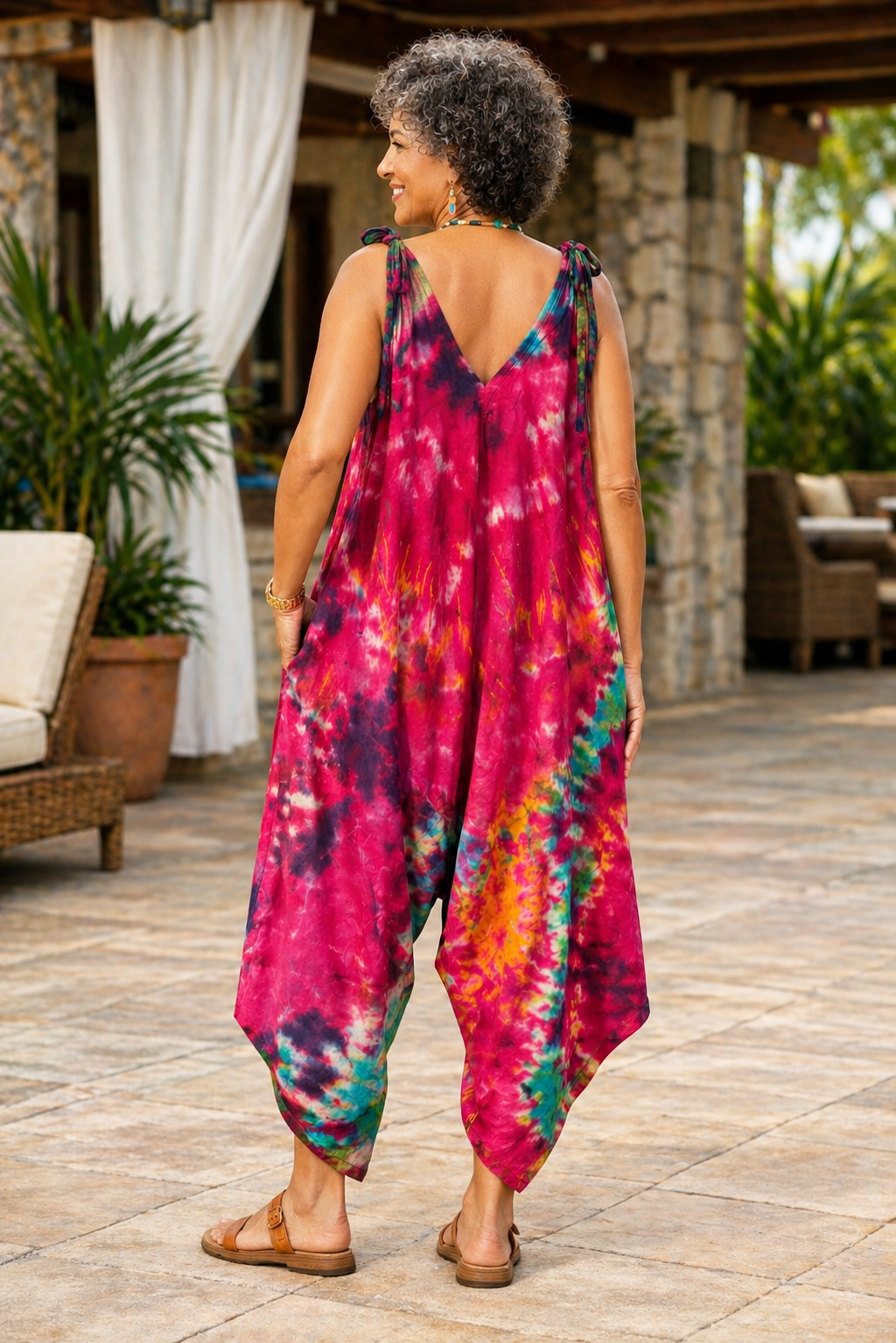 Tie Dye Jumpsuit Shoulder Ties - Red