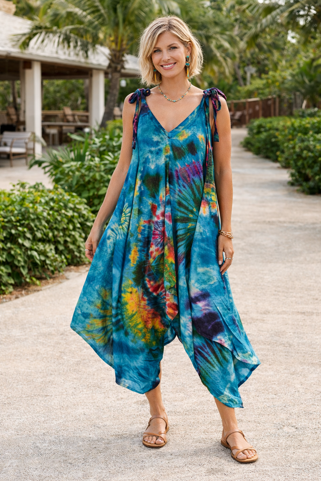 Tie Dye Jumpsuit Shoulder Ties