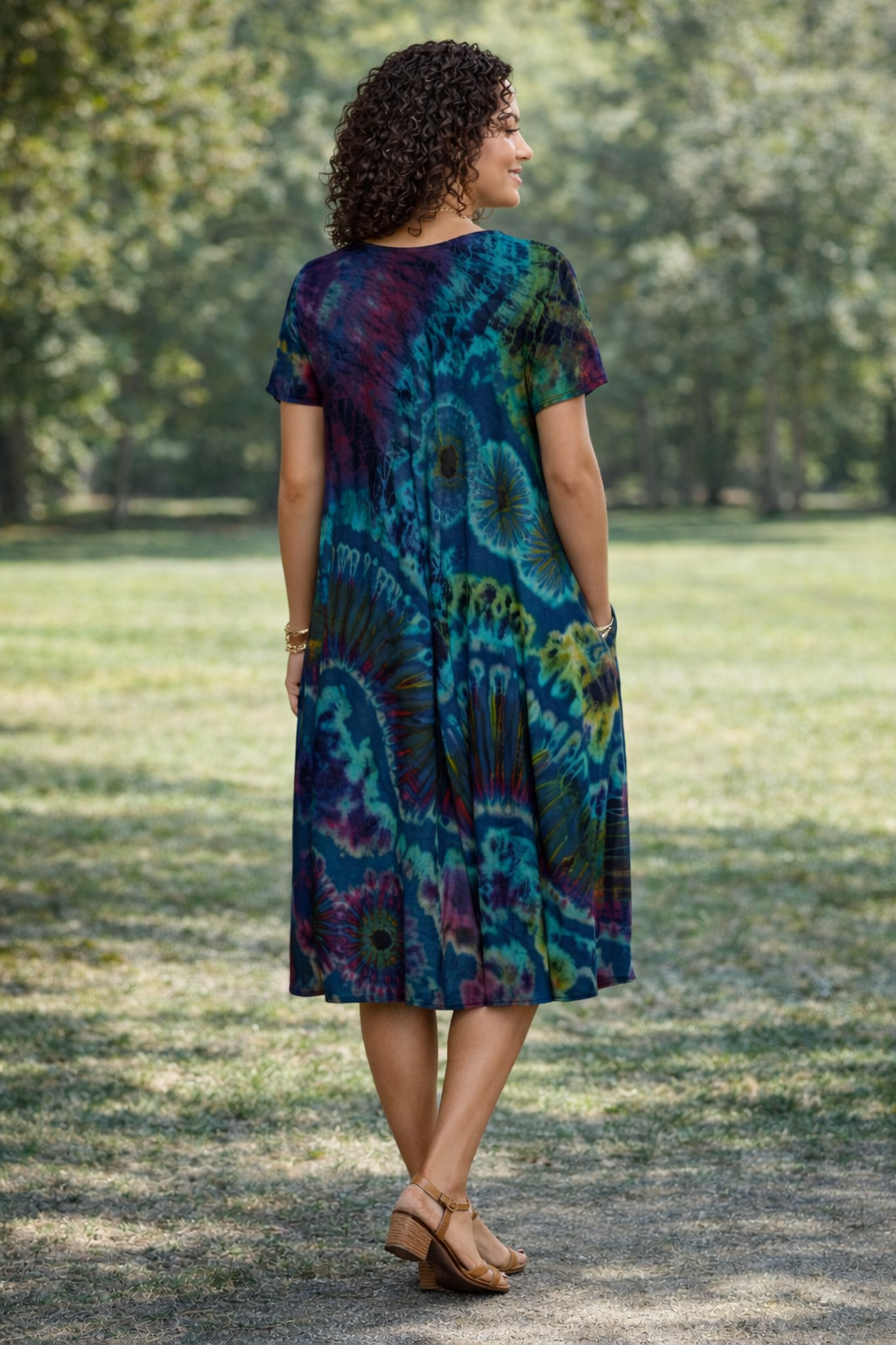 Tie Dye Dress Cap Sleeves Dk Blue
