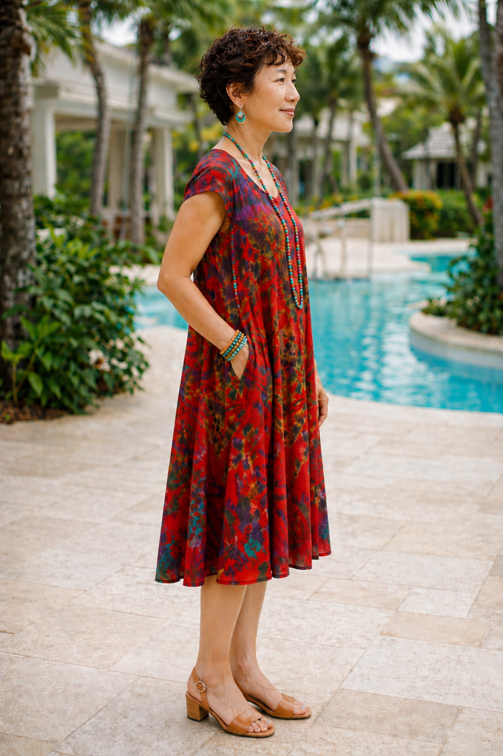 Tie Dye Dress Cap Sleeves Red