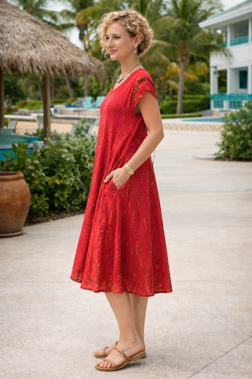 Tie-Dye Dress Cap Sleeves Shibori Red