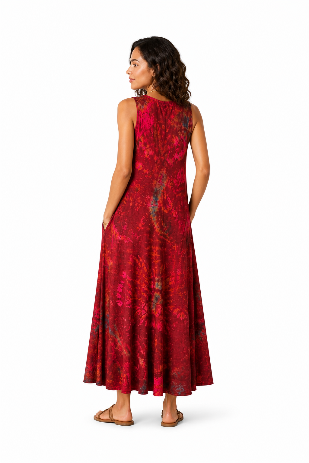 Tie Dye Sleeveless Long Dress w/Pockets - Wine