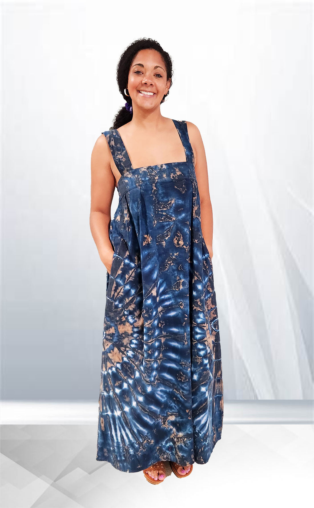 cotton tie dye dresses Tie Dye Square Neck Sleeveless Cotton Dress