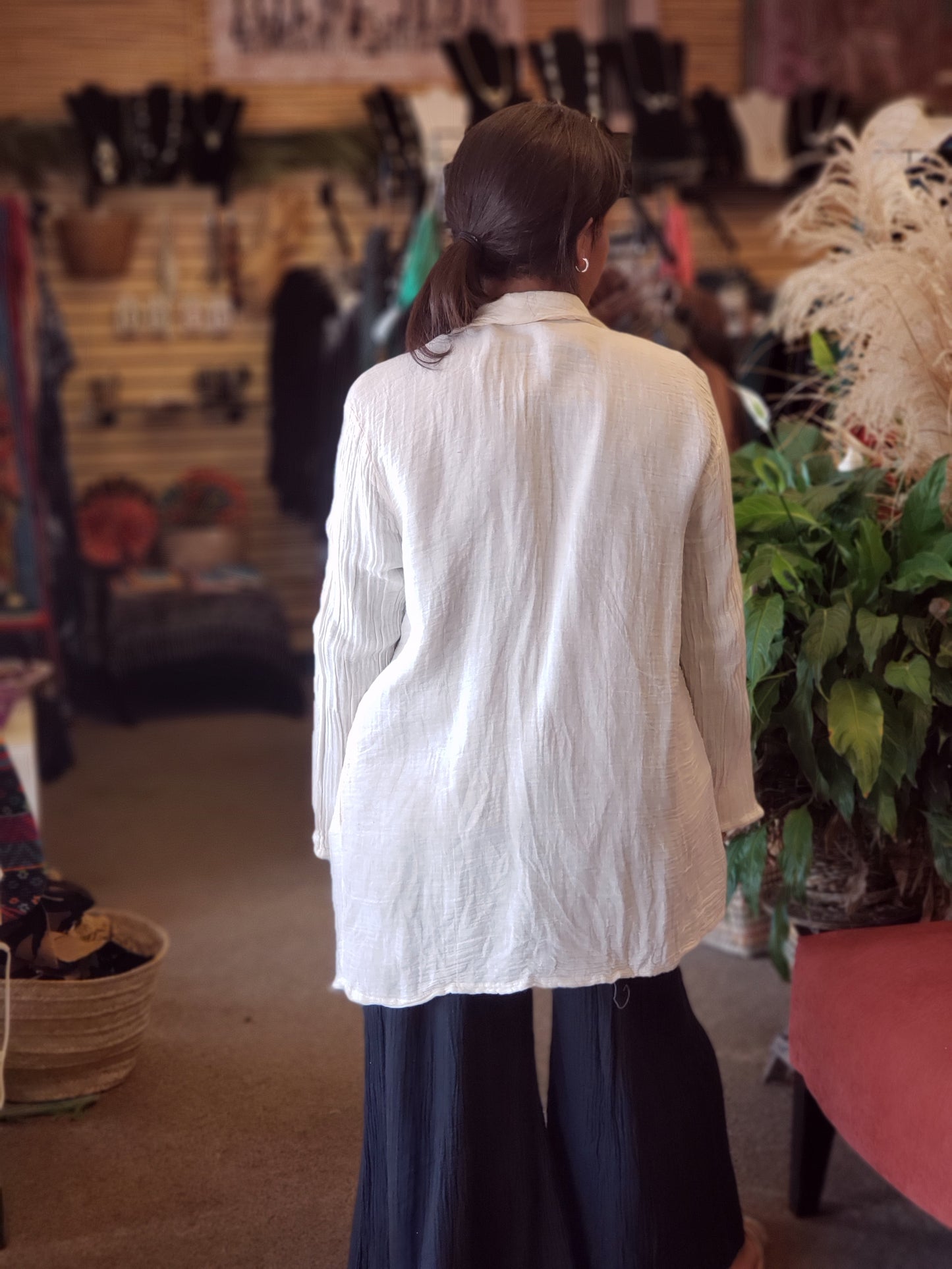 Wide Collar Cotton Gauze Jacket w/Pockets Off-white