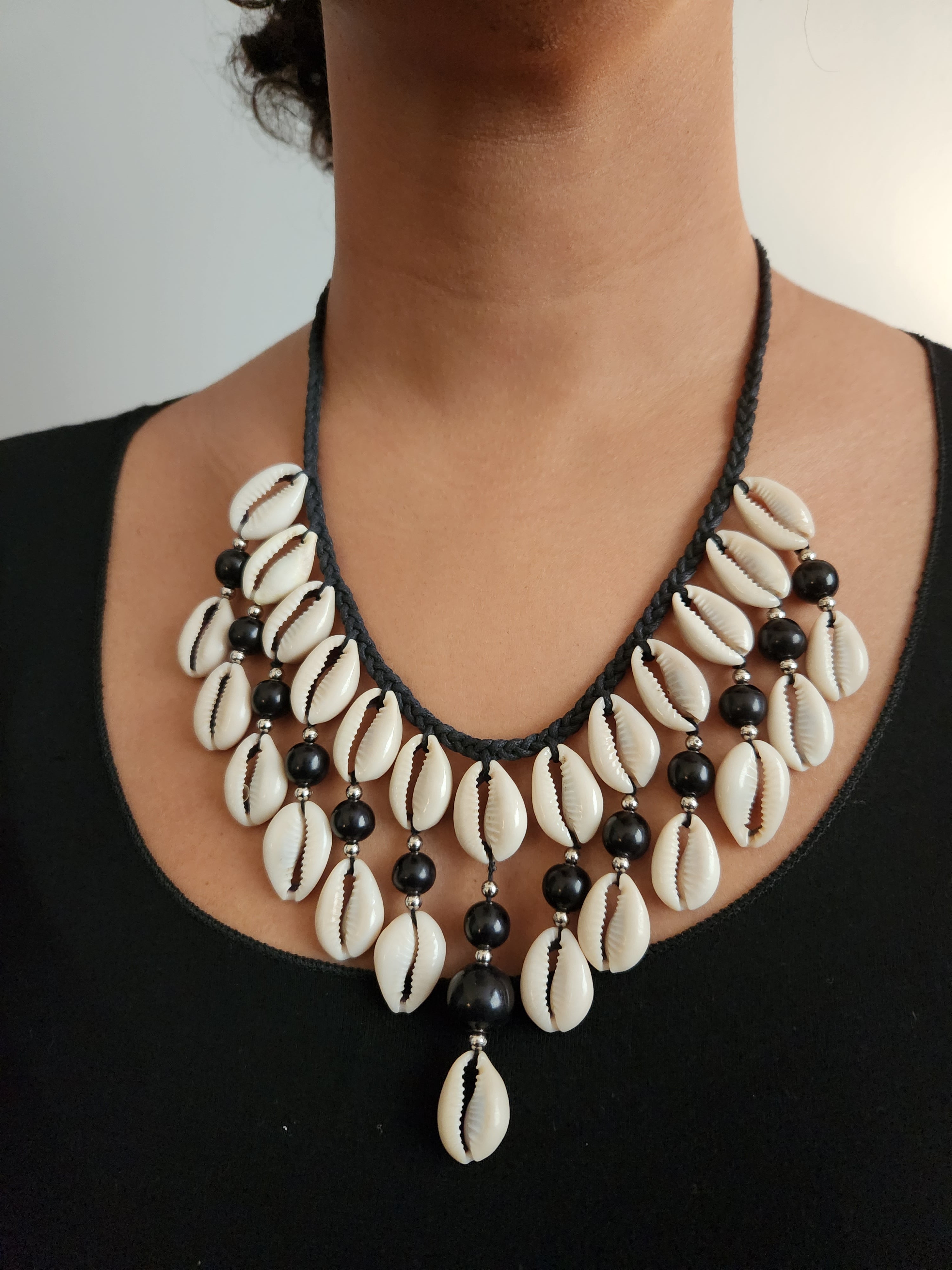 Beaded orders necklace with cowrie shell & matching earring set