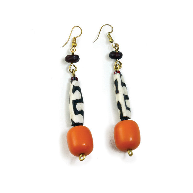 Kenyan Batik Bone and Amber Earrings