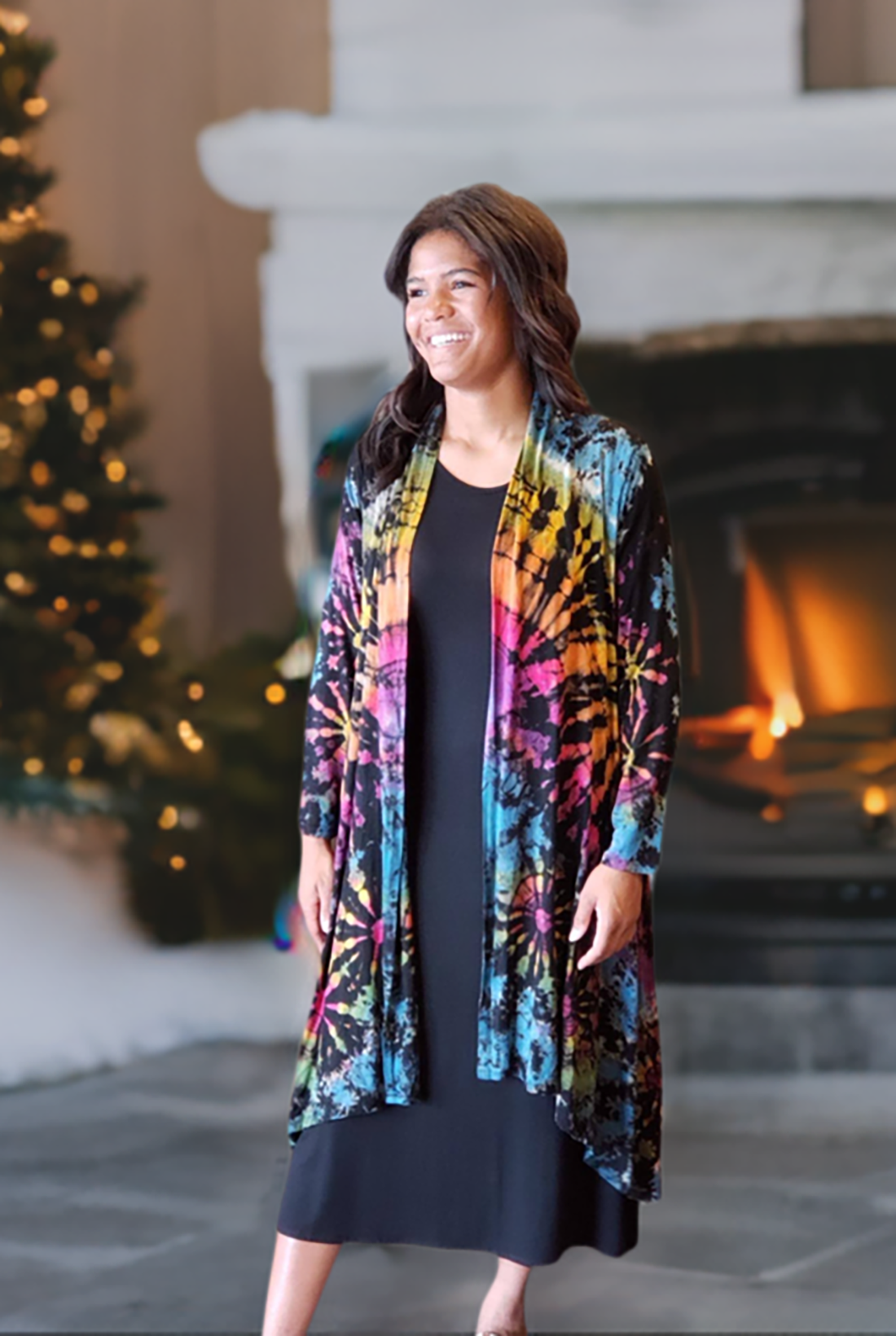 Tie Dye Long Knit Jacket - Black/Rainbow