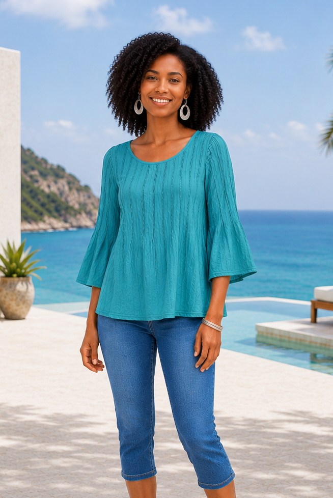 Cotton Pleated 3/4 Sleeve Top