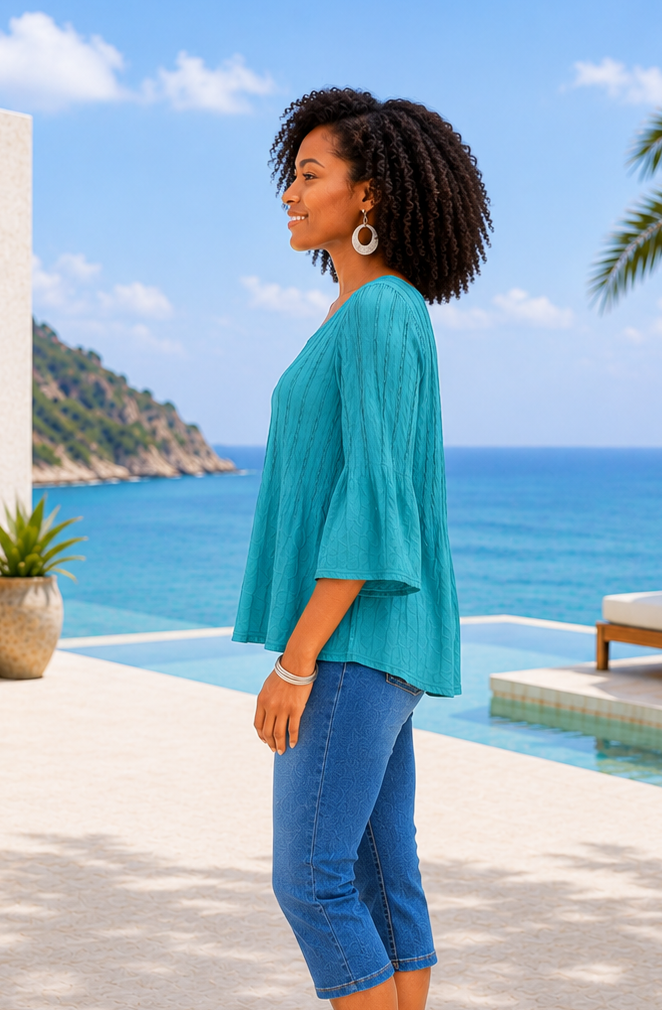 Cotton Pleated 3/4 Sleeve Top