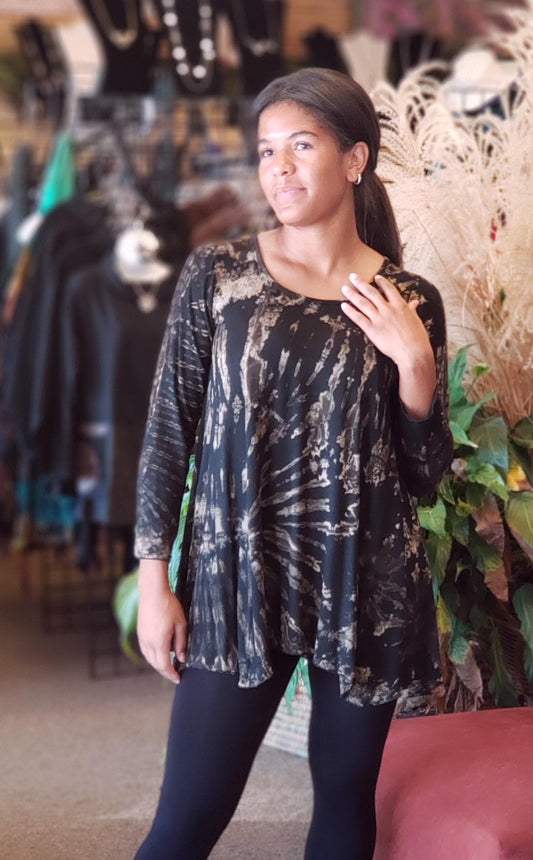 Black/Taupe Tie Dye Long Sleeve Tunic