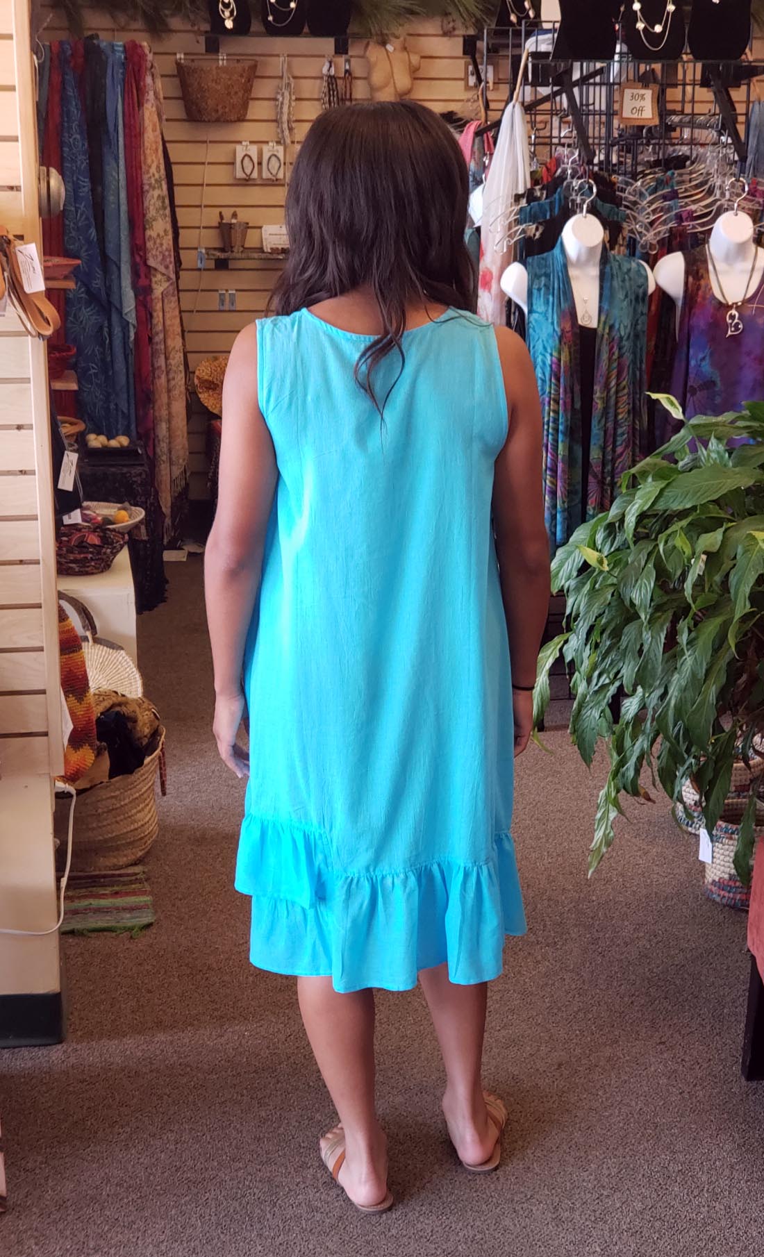 Sleeveless Cotton Midi Dress Pockets - Turquoise