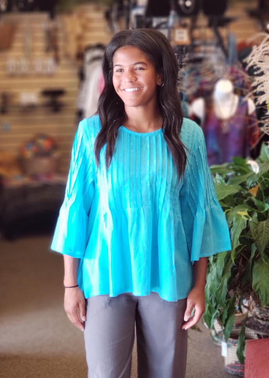 Pleated 3/4 Sleeve Top Turquoise