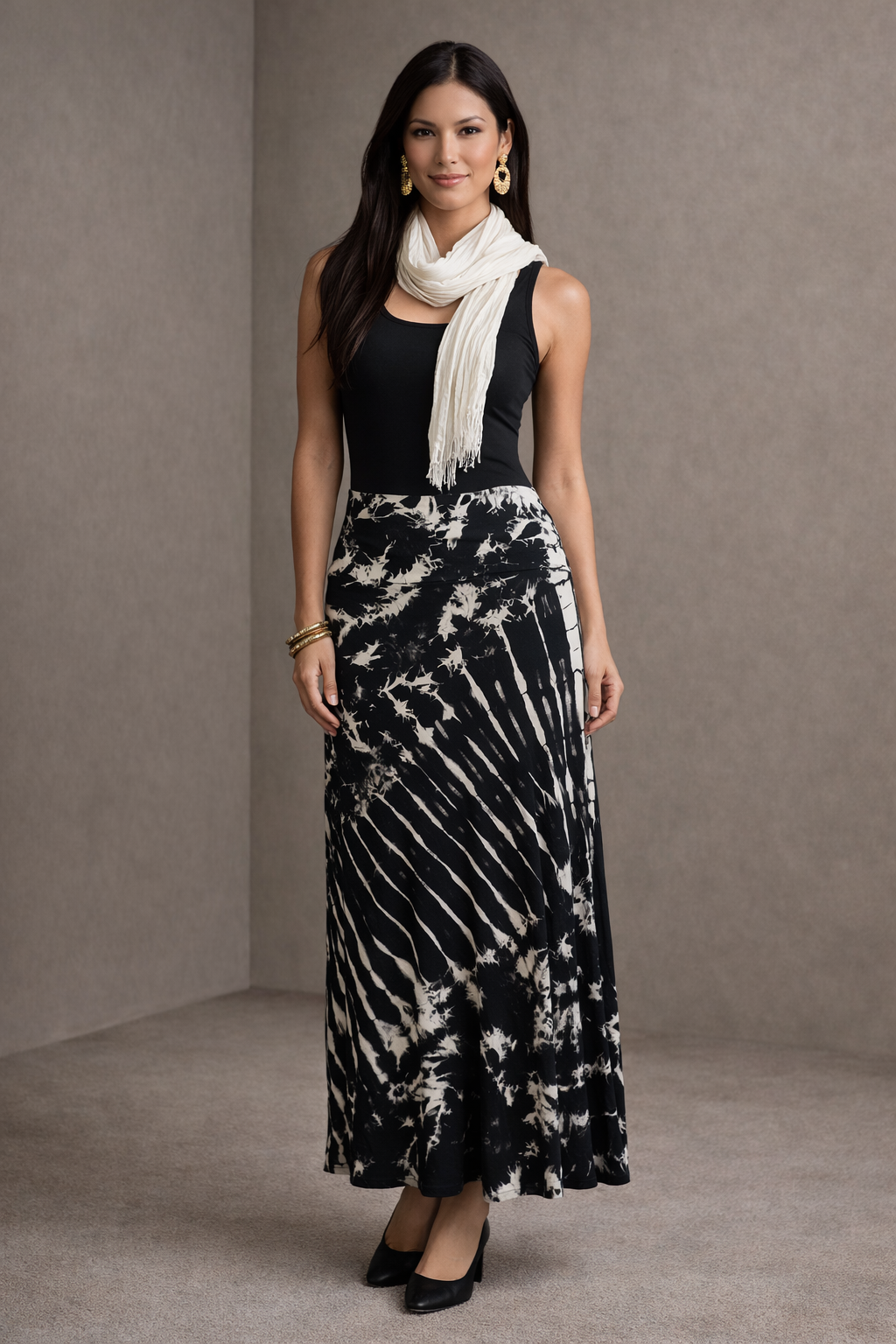 Long Tie-Dyed Skirt Black/Tan