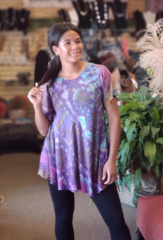 Purple Short Sleeve Tie Dye Swing Top