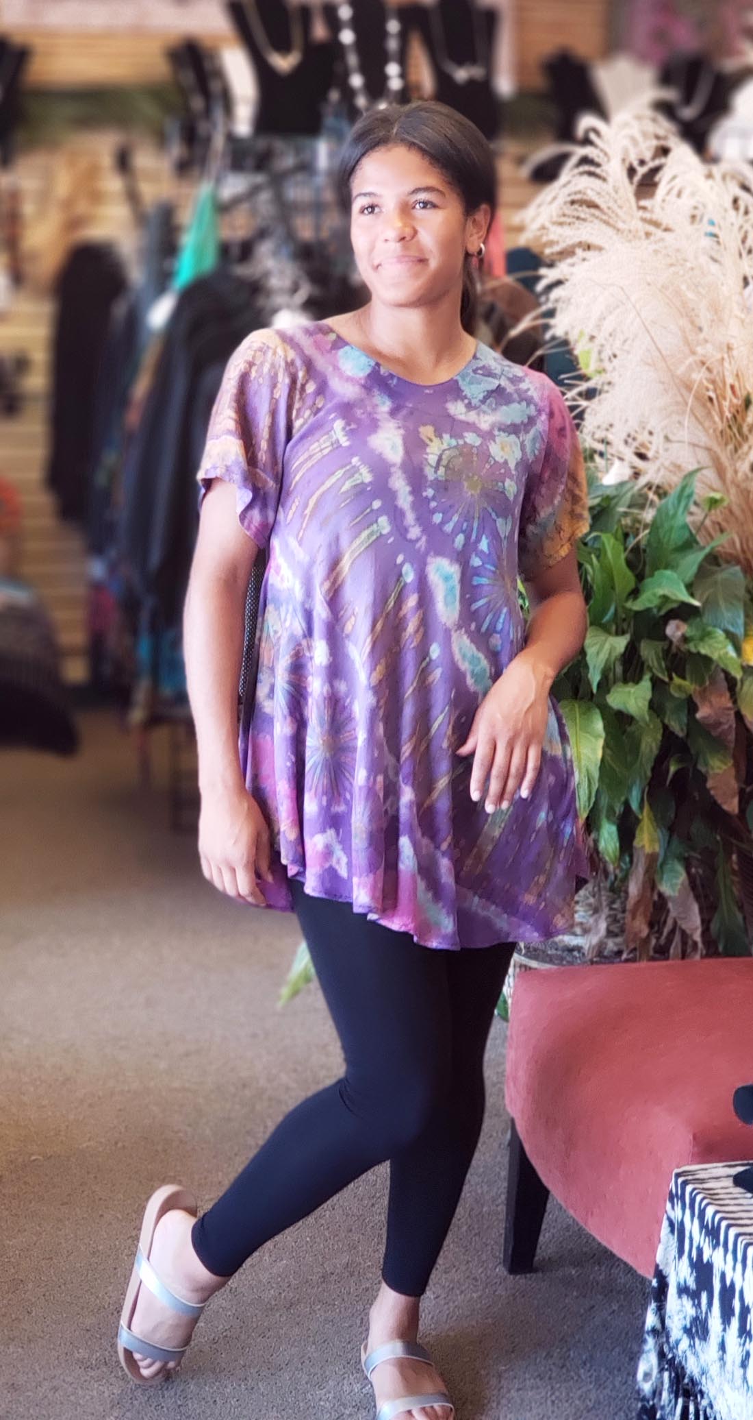 Purple Short Sleeve Tie Dye Swing Top