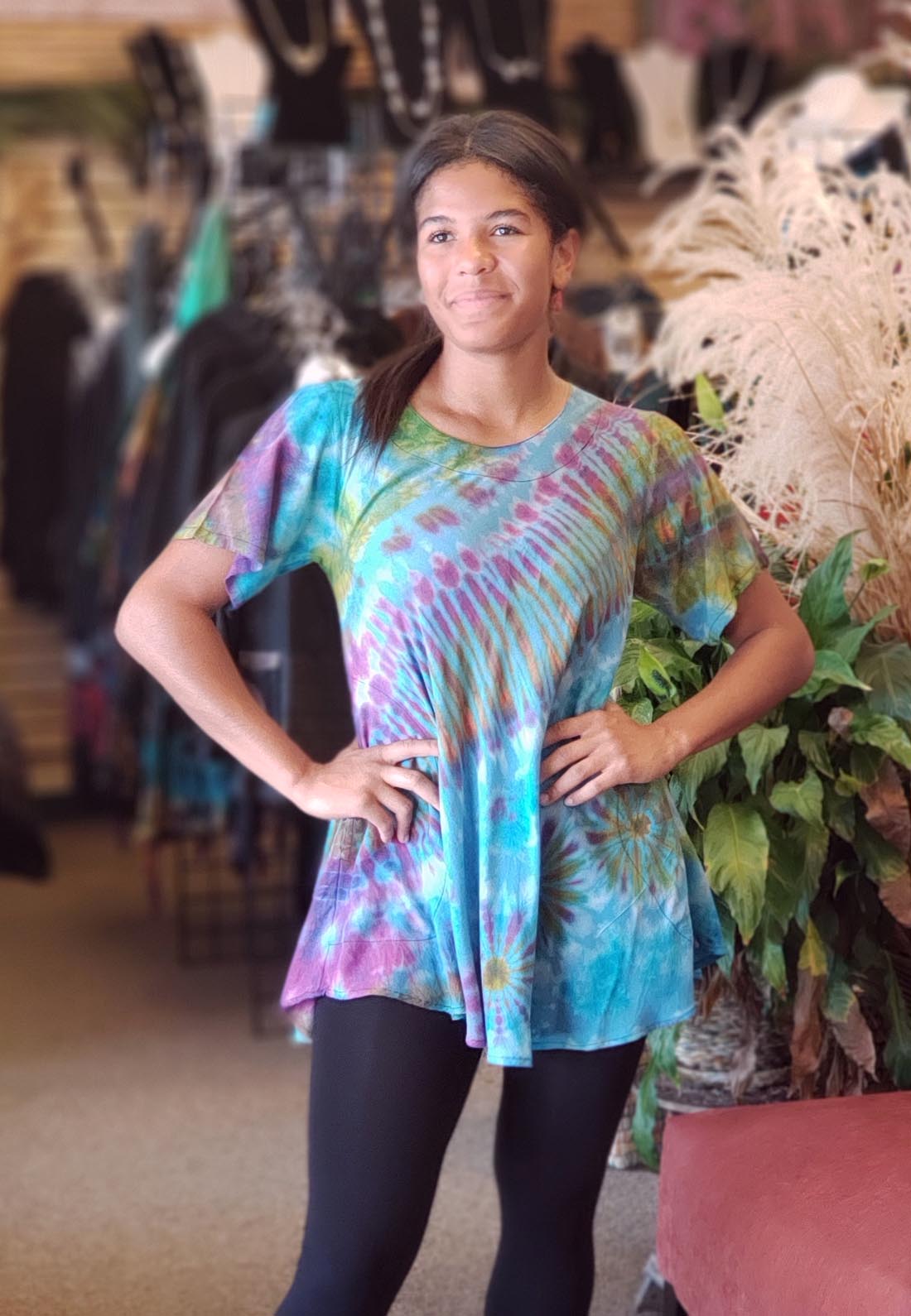 Turquoise Short Sleeve Tie Dye Swing Top