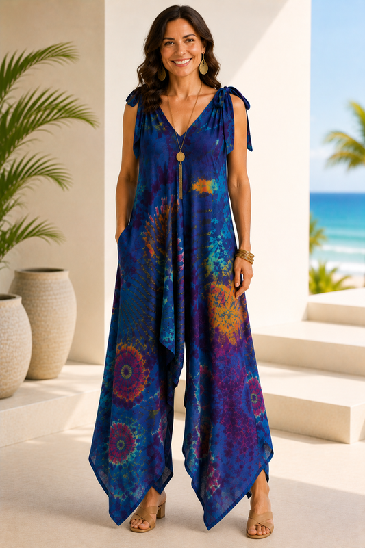 Tie Dye Jumpsuit Shoulder Ties - Blue