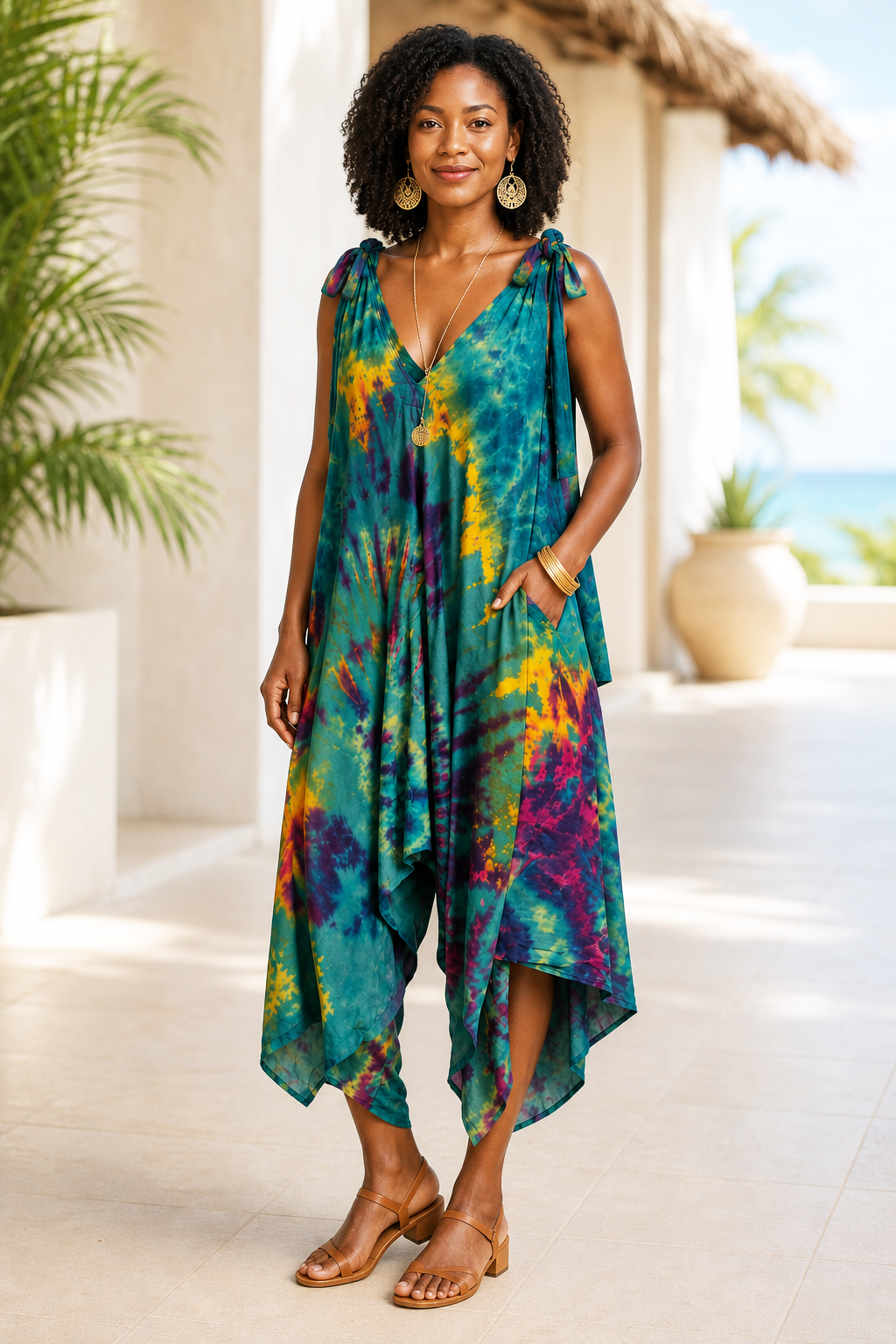 Tie Dye Jumpsuit Shoulder Ties - Lime
