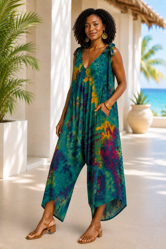 Tie Dye Jumpsuit Shoulder Ties - Lime