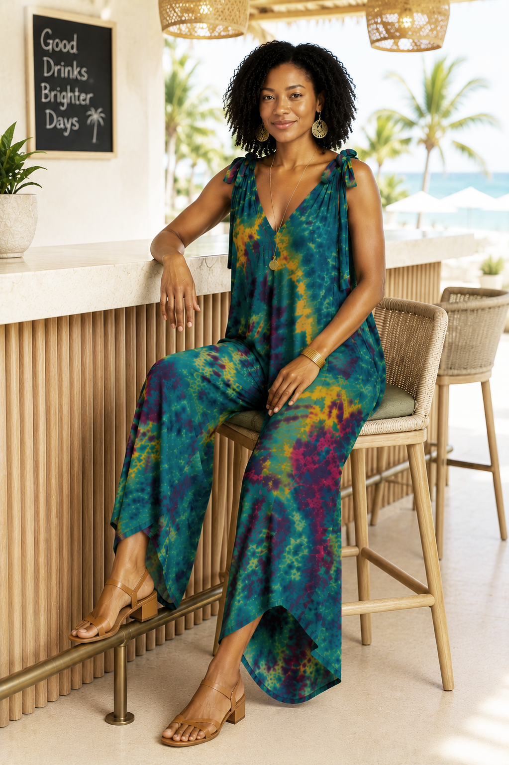 Tie Dye Jumpsuit Shoulder Ties - Lime