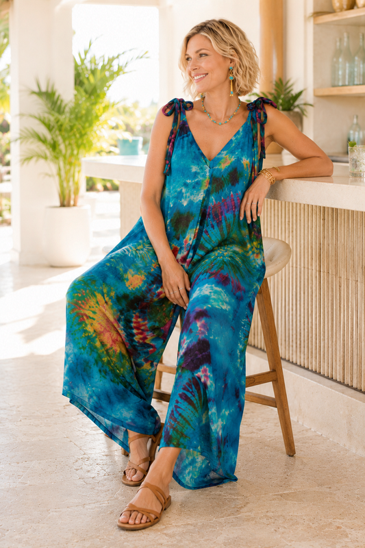 Tie Dye Jumpsuit Shoulder Ties - Turquoise with Pockets