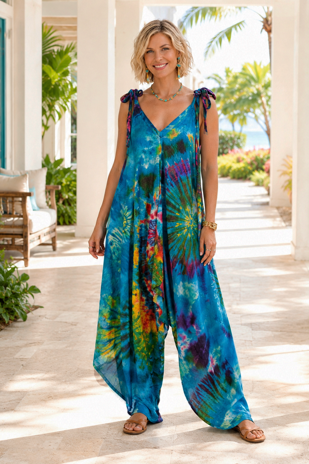 Tie Dye Jumpsuit Shoulder Ties - Turquoise with Pockets