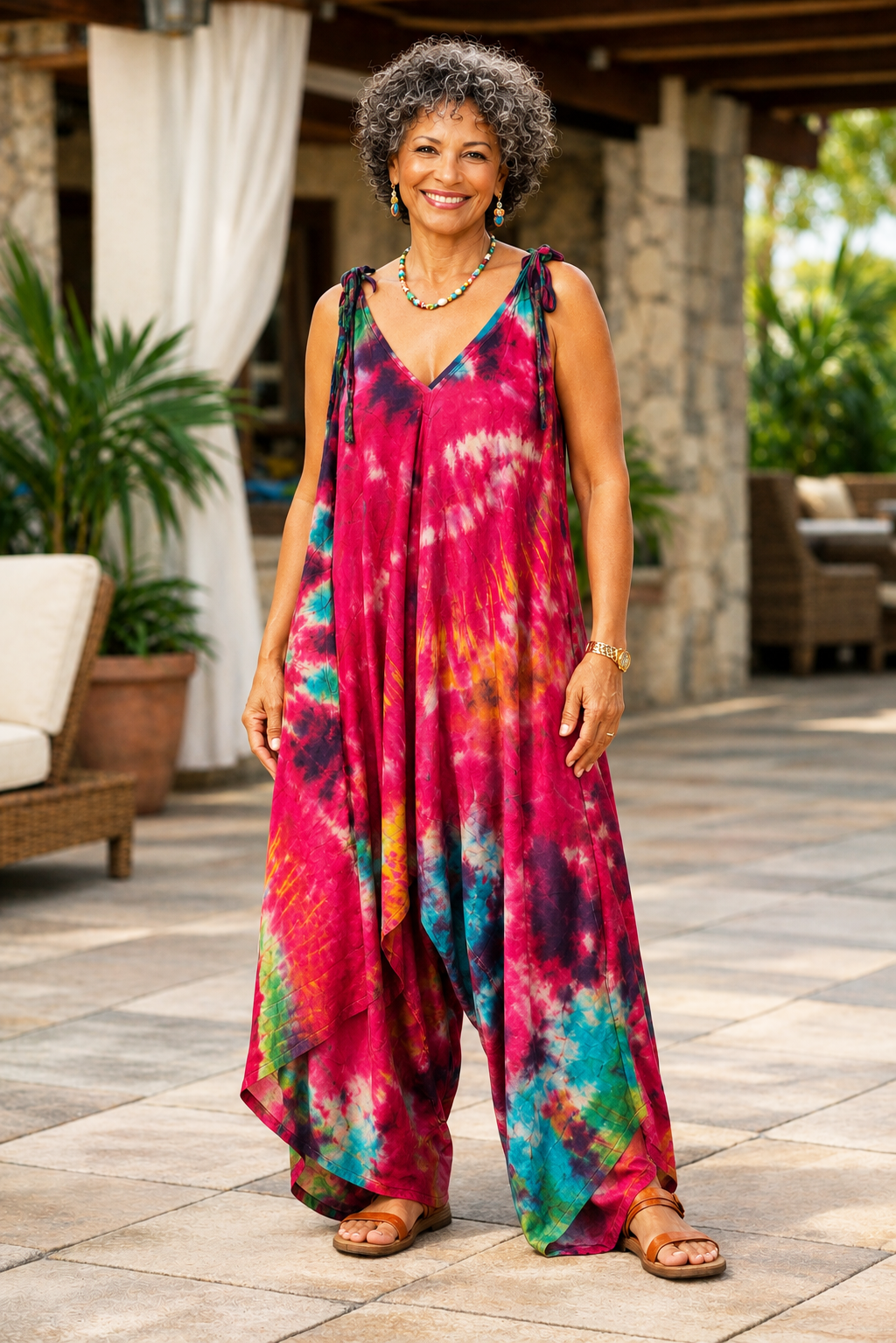Tie Dye Jumpsuit Shoulder Ties - Red
