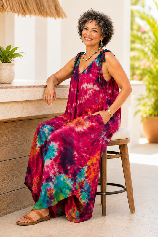 Tie Dye Jumpsuit Shoulder Ties - Red