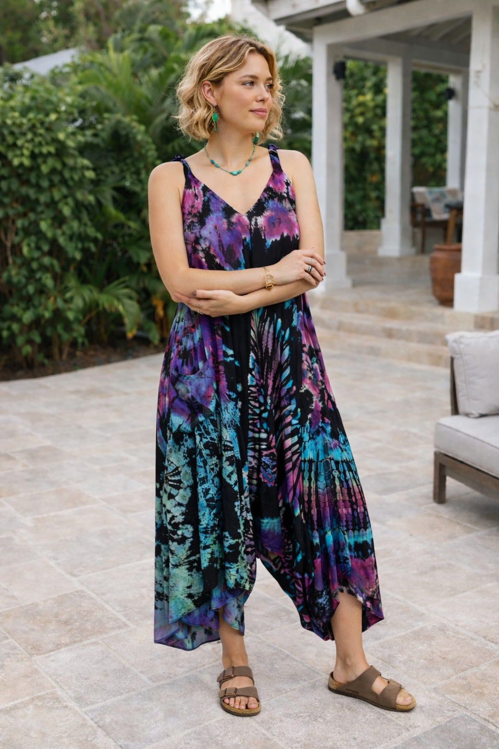 Tie Dye Jumpsuit Shoulder Ties