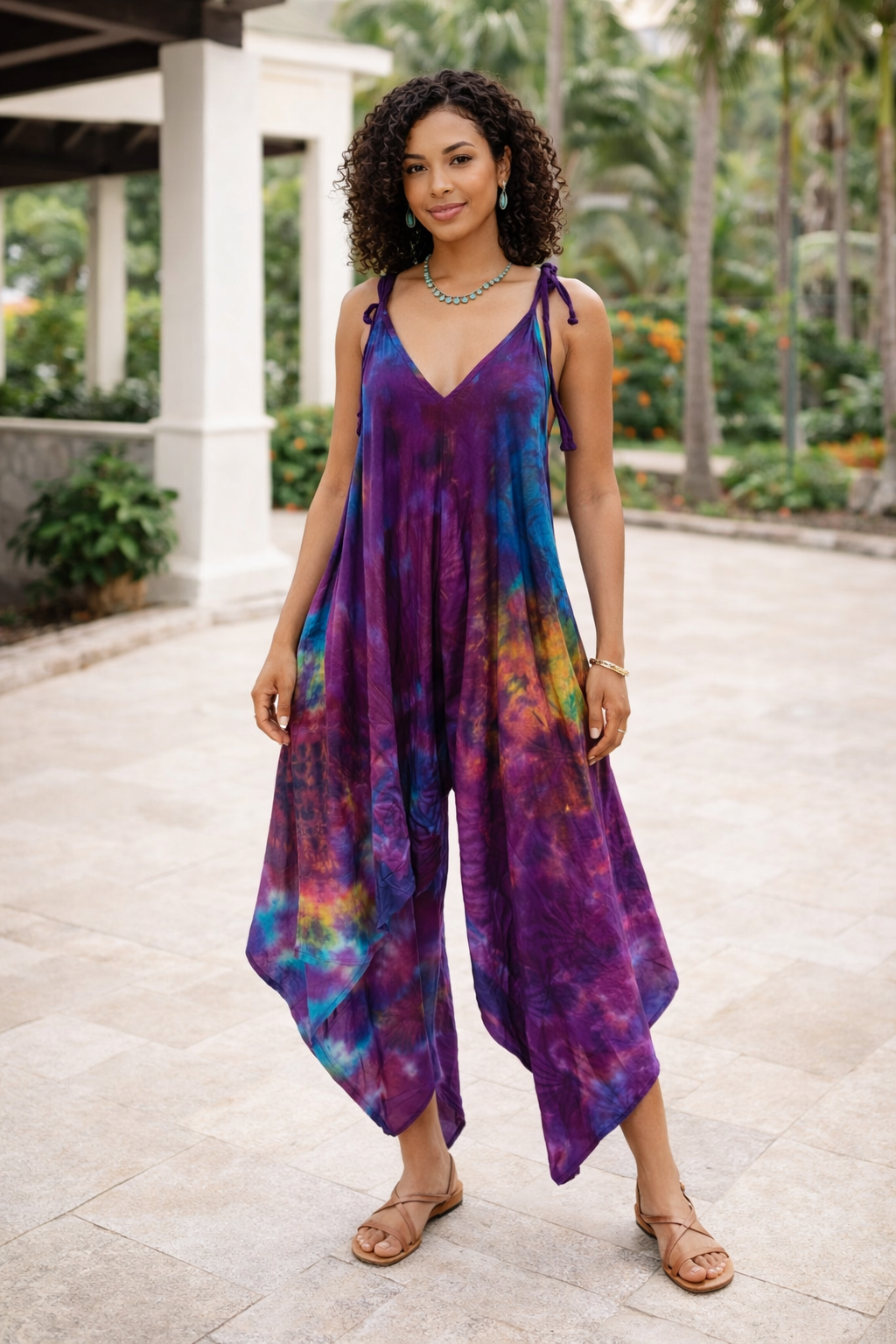 Tie Dye Jumpsuit Shoulder Ties