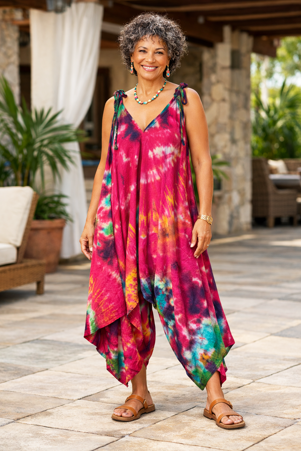 Tie Dye Jumpsuit Shoulder Ties