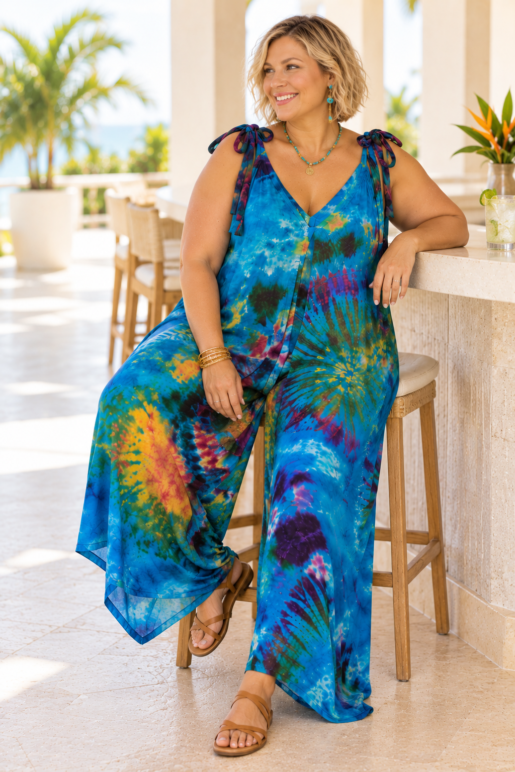 Tie Dye Jumpsuit Shoulder Ties - Turquoise with Pockets