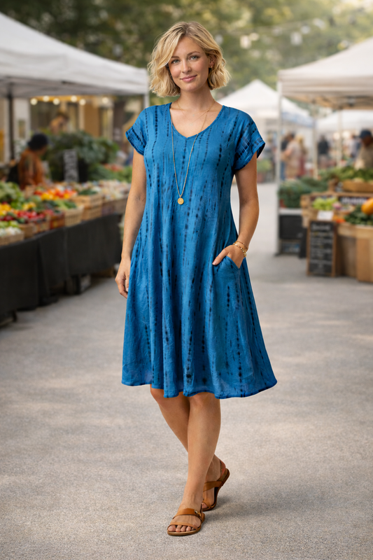 Tie-Dye Dress Cap Sleeves Shibori Blue
