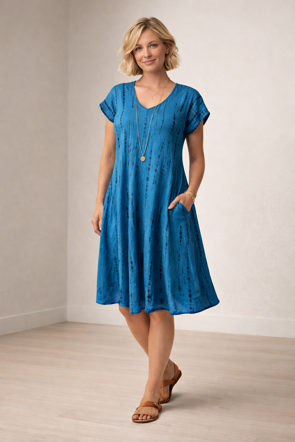Tie-Dye Dress Cap Sleeves Shibori Blue