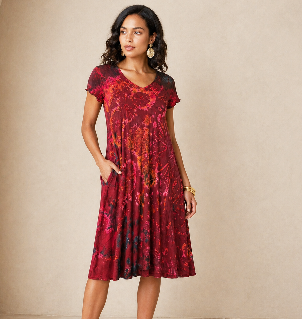 Tie Dye Dress Cap Sleeves Wine