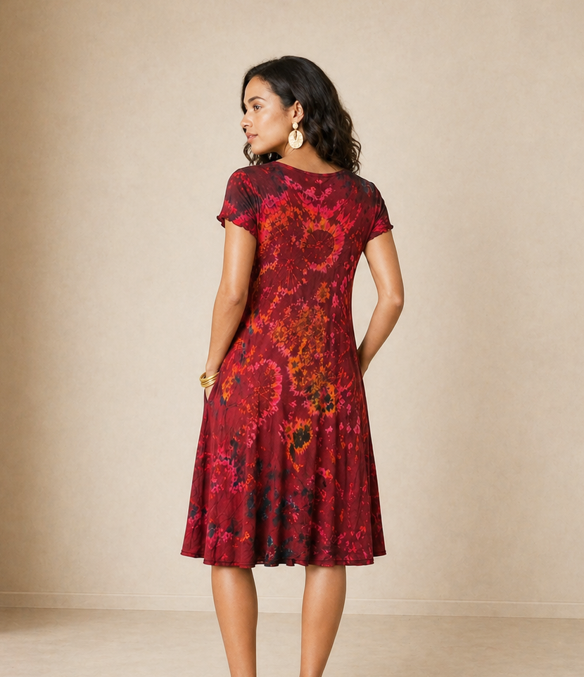 Tie Dye Dress Cap Sleeves Wine