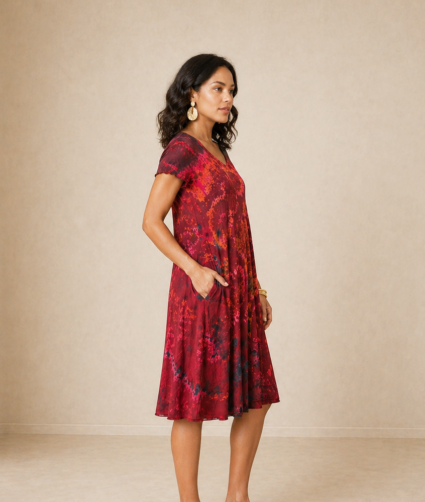 Tie Dye Dress Cap Sleeves Wine