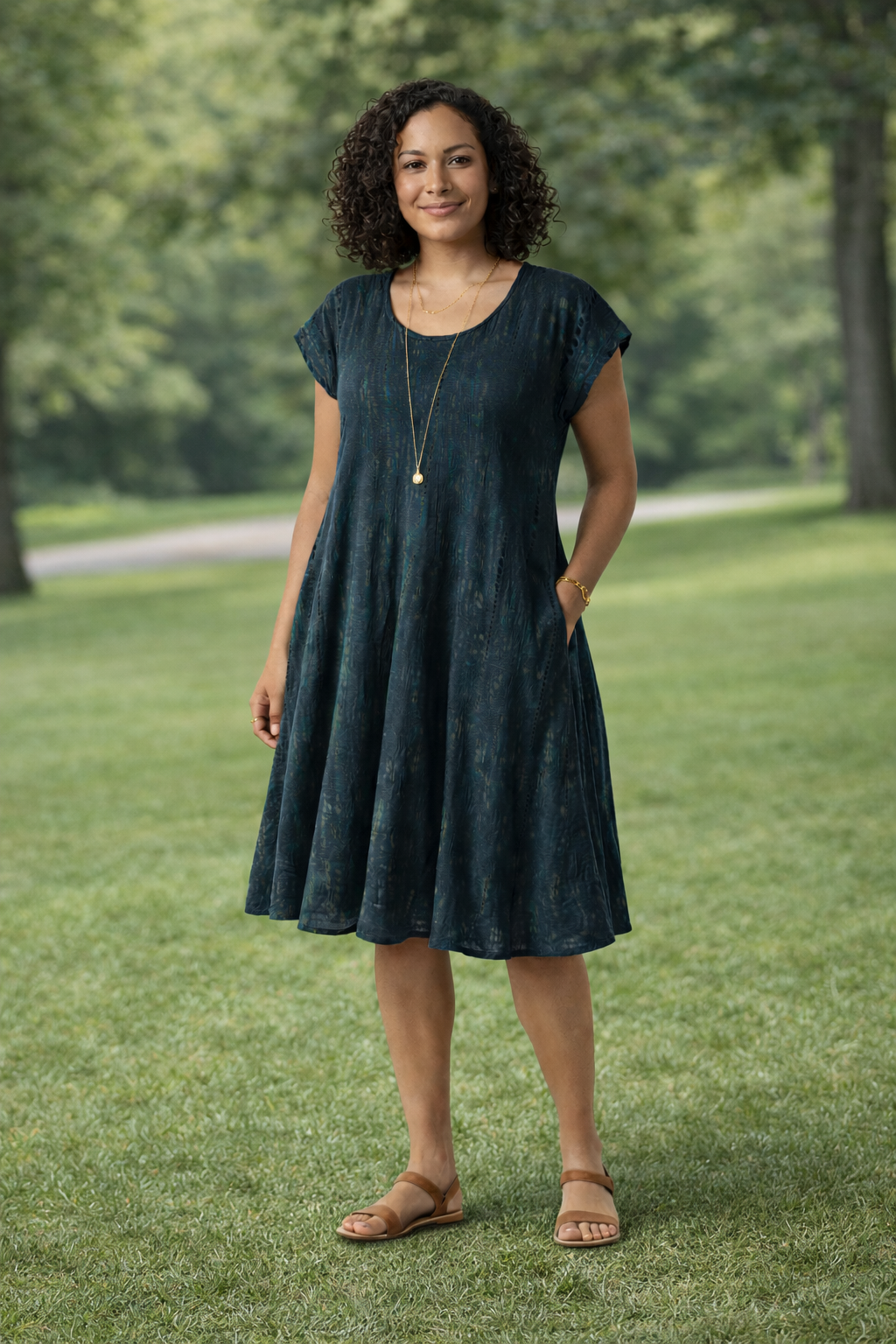 Tie-Dye Dress Cap Sleeves Shibori Dark Green