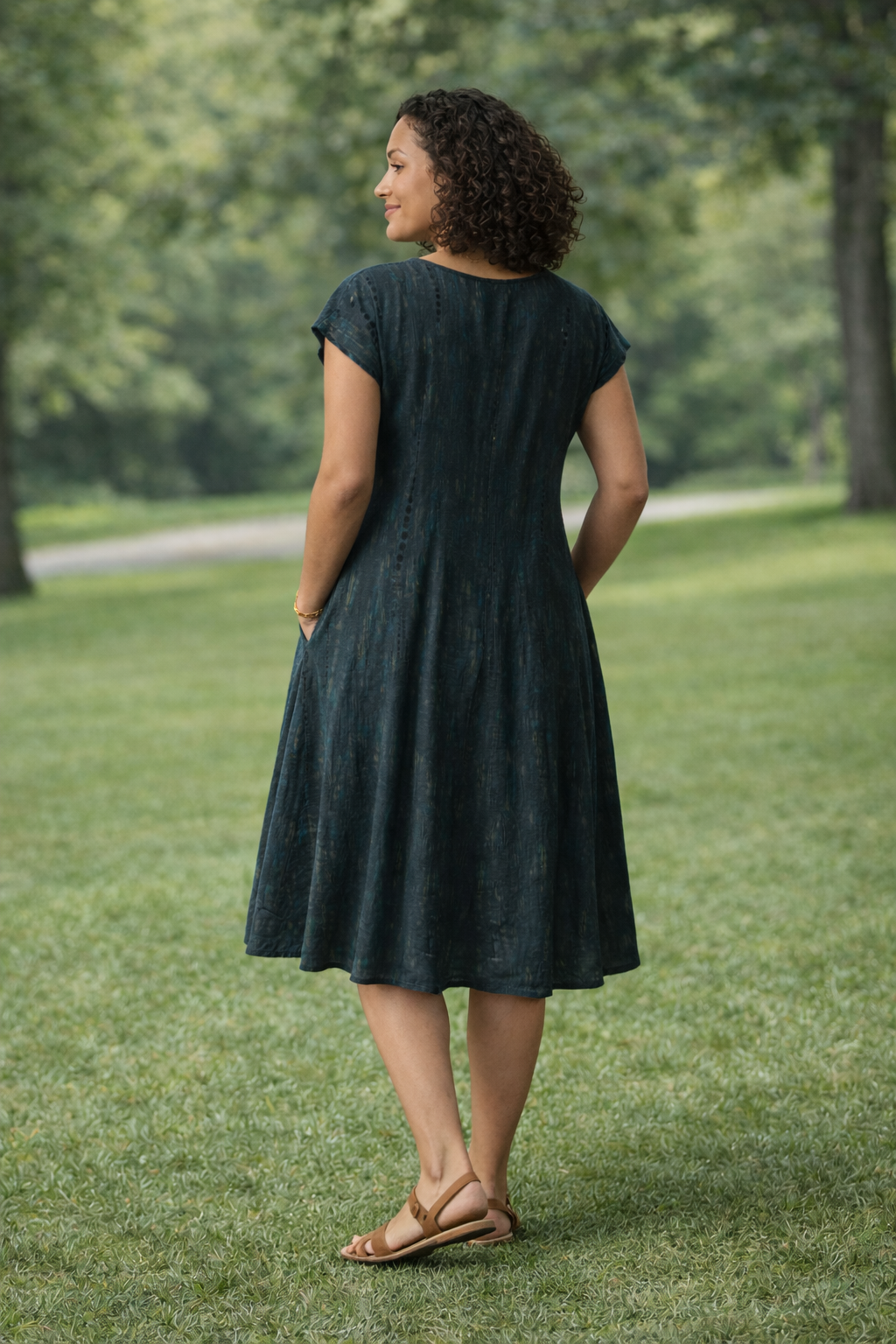 Tie-Dye Dress Cap Sleeves Shibori Dark Green