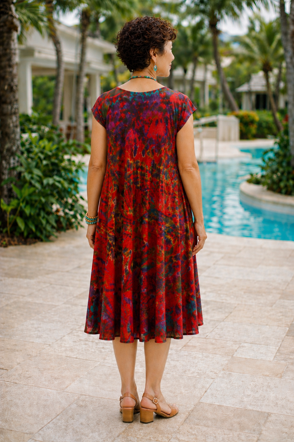 Tie Dye Dress Cap Sleeves Red