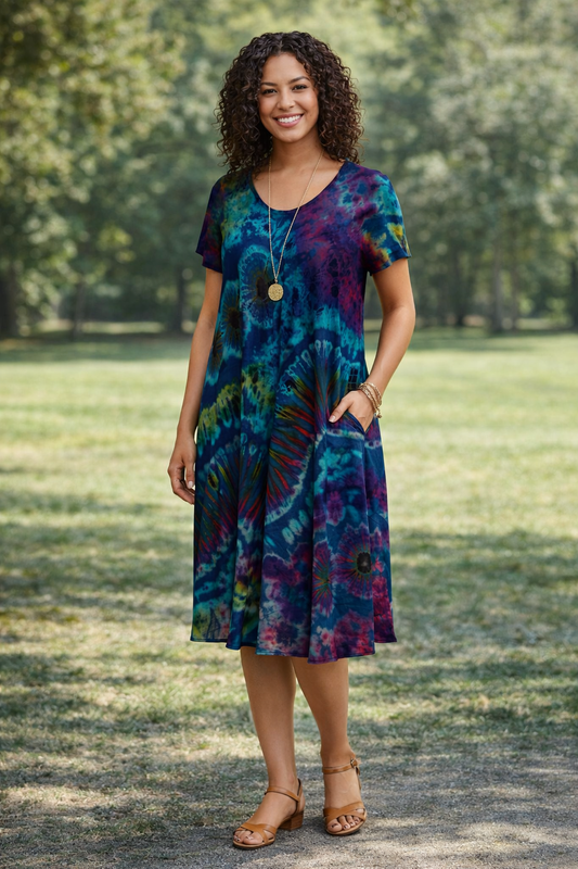 Tie Dye Dress Cap Sleeves Dk Blue