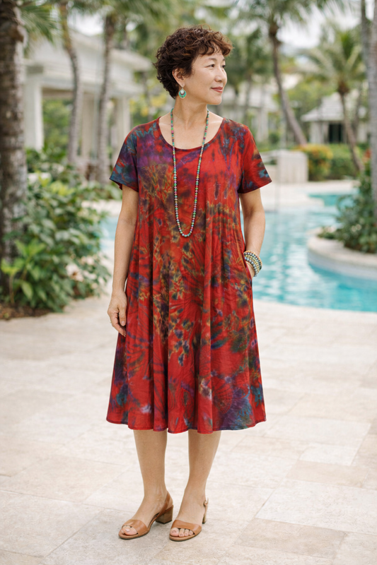 Tie Dye Dress Cap Sleeves Red