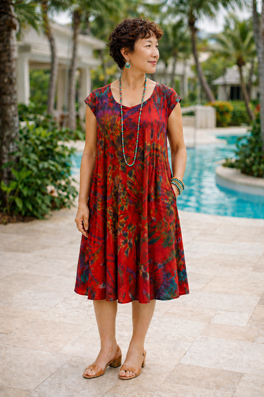Tie Dye Dress Cap Sleeves Red