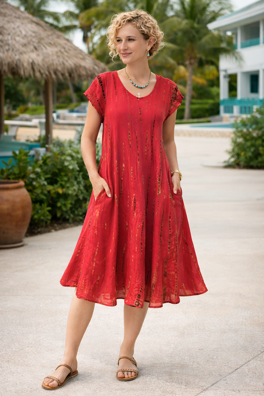 Tie-Dye Dress Cap Sleeves Shibori Red