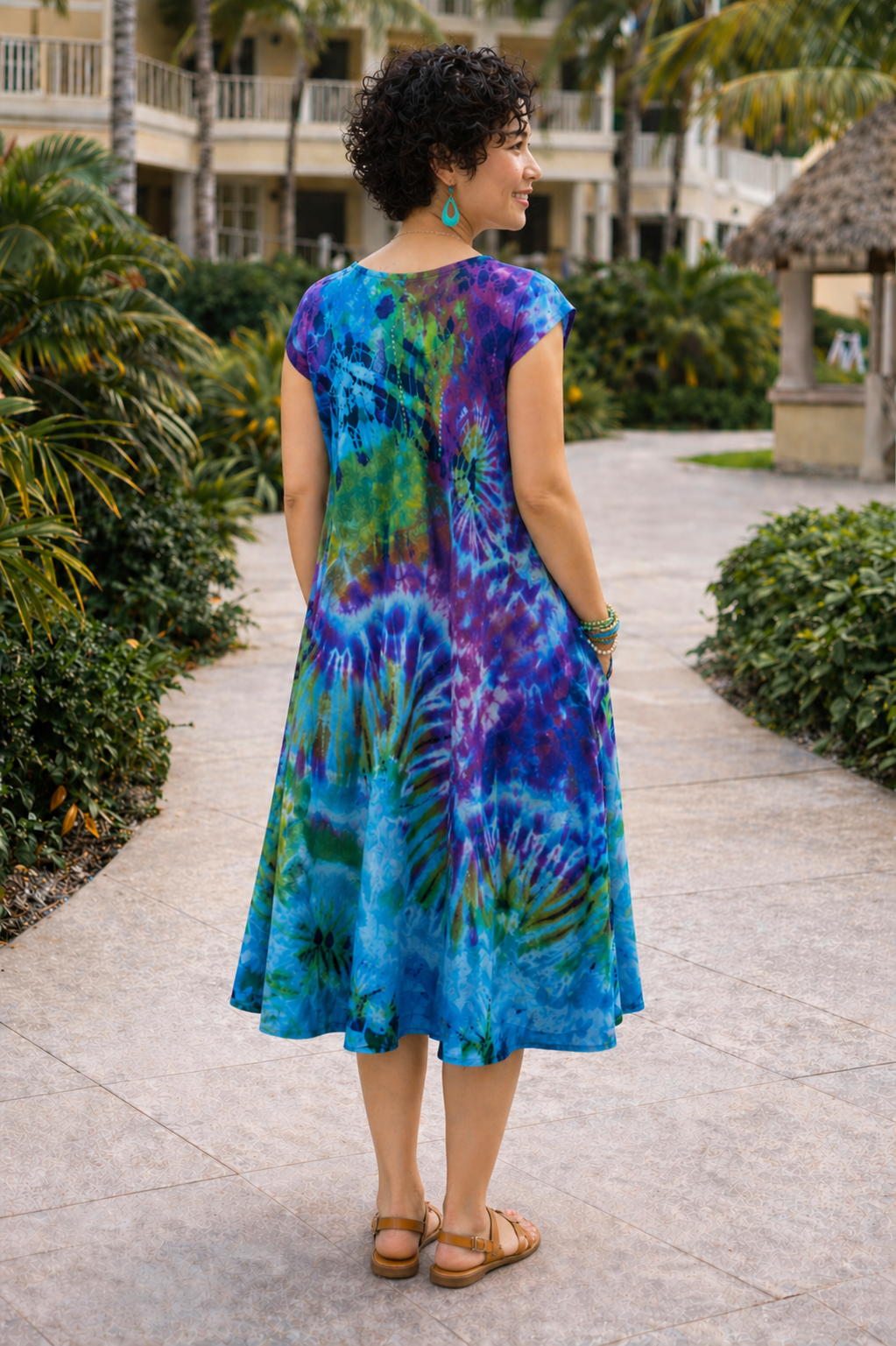 Tie-Dye Dress Cap Sleeves Turquoise