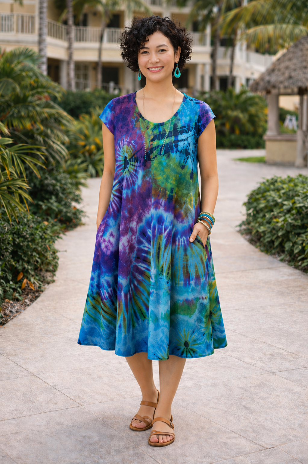 Tie-Dye Dress Cap Sleeves Turquoise